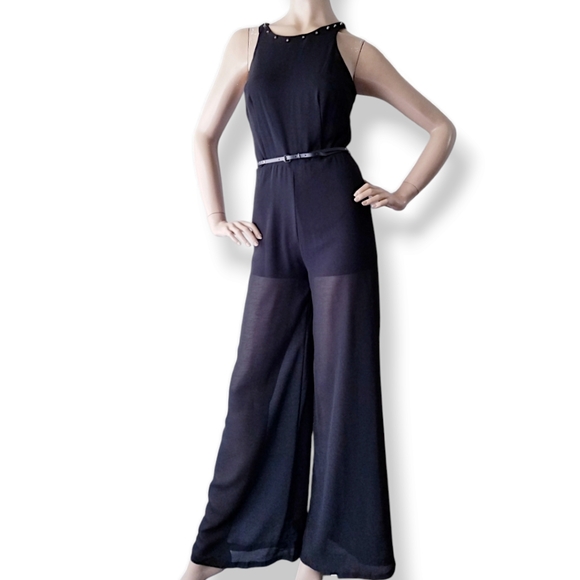 Mod Modele Black Chiffon Studded Belted Jumpsuit Size Small - Picture 6 of 9